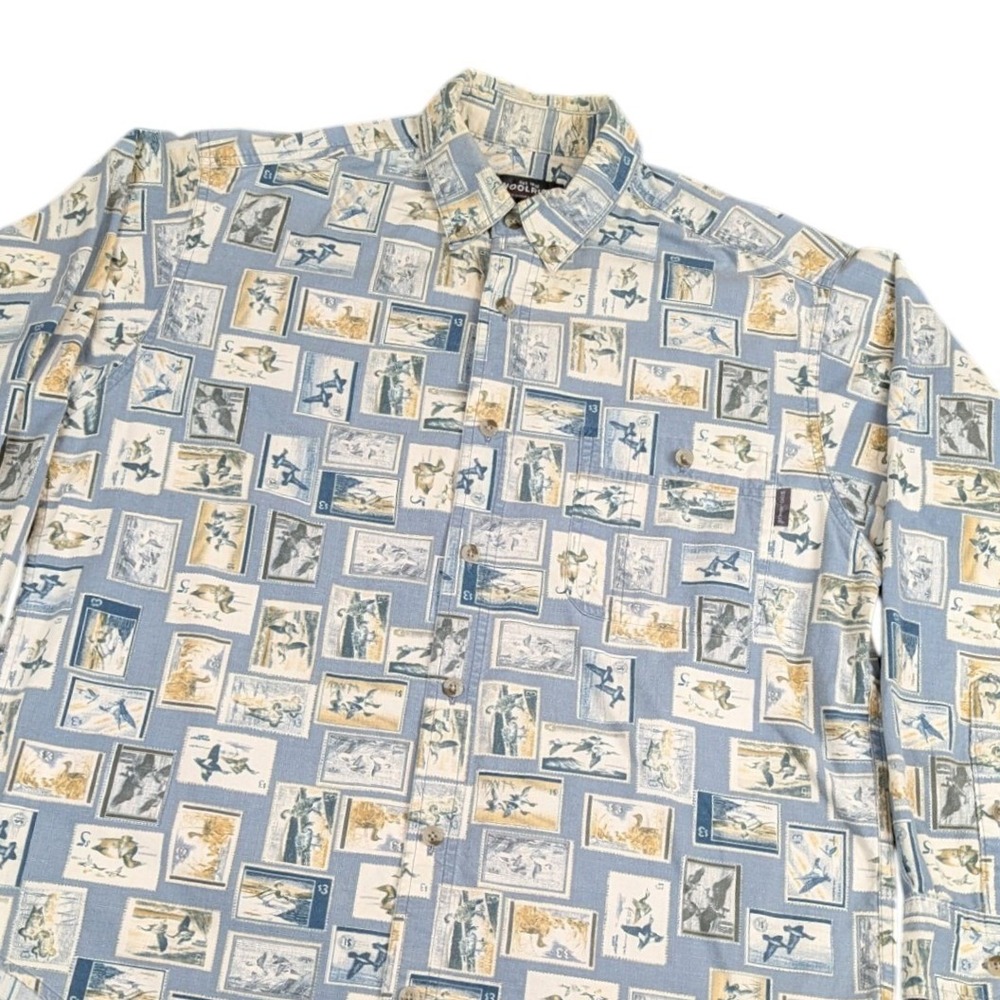 Woolrich Mens Blue Chambray AOP Duck Stamps‎ Print Cotton Button Down Shirt M